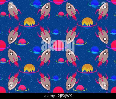 Spaceships circling planets in a starry sky, a colorful repeating pattern ideal for a child to enjoy. Stock Photo
