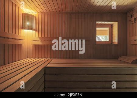 View of empty modern interior finnish sauna room Stock Photo