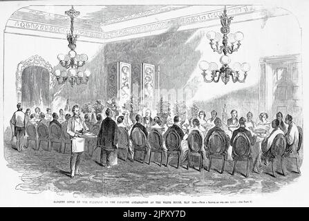 Banquet given by the President to the Japanese ambassadors at the White House, May 24th, 1860. Japanese Embassy to the United States. 19th century illustration from Frank Leslie's Illustrated Newspaper Stock Photo