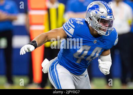 Indianapolis, Indiana, USA. August 20, 2022: Detroit Lions linebacker Malcolm Rodriguez (44) during NFL football preseason game action between the Detroit Lions and the Indianapolis Colts at Lucas Oil Stadium in Indianapolis, Indiana. Detroit defeated Indianapolis 27-26. John Mersits/CSM. Credit: Cal Sport Media/Alamy Live News Stock Photo