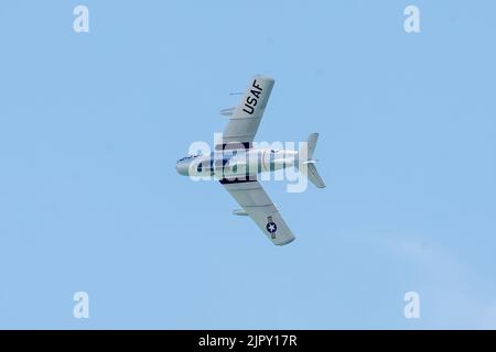 Eastbourne, East Sussex, UK.. 20th Aug, 2022. Featuring an vintage Russian MIG-15 at the annual Eastbourne Airshow viewed from the beach at Eastbourne. 20th August 2022. Credit David Smith/Alamy Live News Credit: David Smith/Alamy Live News Stock Photo