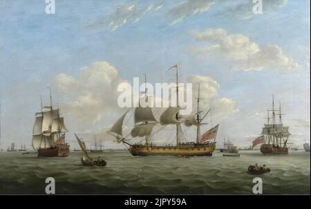 Thomas Luny - Men-of-War HMS ‚Maria Anna‘, ‚Earl of Chatham‘ and ‚Achilles‘ off a coastal town Stock Photo