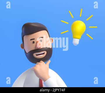 3d illustration. A cartoon character isolated on a blue background, a cute businessman. A serious man who thinks of poses.a new idea Stock Photo