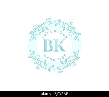 BK Initials letter Wedding monogram logos template, hand drawn modern minimalistic and floral templates for Invitation cards, Save the Date, elegant Stock Vector
