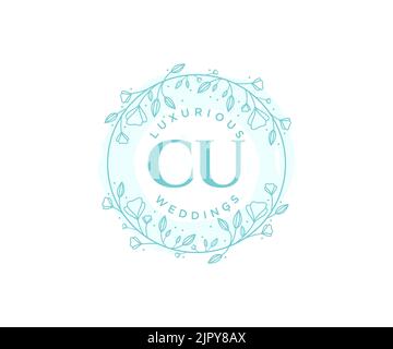 CU Initials letter Wedding monogram logos template, hand drawn modern minimalistic and floral templates for Invitation cards, Save the Date, elegant Stock Vector