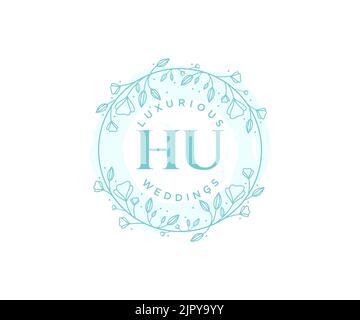 HU Initials letter Wedding monogram logos template, hand drawn modern minimalistic and floral templates for Invitation cards, Save the Date, elegant Stock Vector