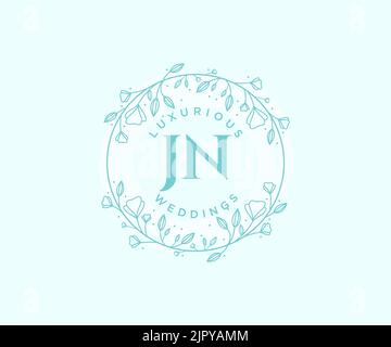 JN Initials letter Wedding monogram logos template, hand drawn modern minimalistic and floral templates for Invitation cards, Save the Date, elegant Stock Vector