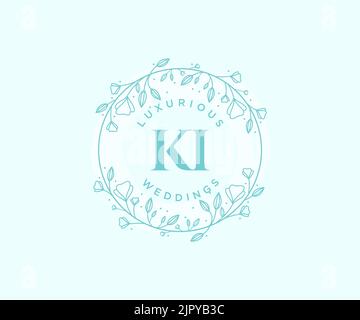 KI Initials letter Wedding monogram logos template, hand drawn modern minimalistic and floral templates for Invitation cards, Save the Date, elegant Stock Vector