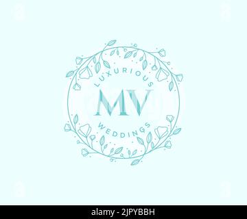 MV Initials letter Wedding monogram logos template, hand drawn modern minimalistic and floral templates for Invitation cards, Save the Date, elegant Stock Vector