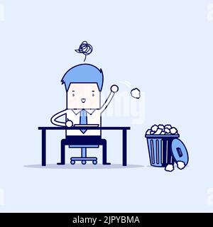 Businessman have no idea and throwing crumpled paper to trash. Cartoon character thin line style vector. Stock Vector