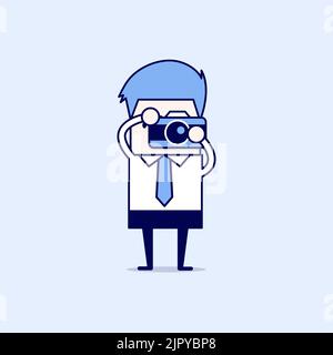 Businessman takes a picture with camera. Cartoon character thin line style vector. Stock Vector
