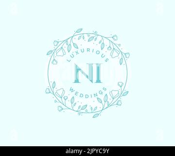 NI Initials letter Wedding monogram logos template, hand drawn modern minimalistic and floral templates for Invitation cards, Save the Date, elegant Stock Vector