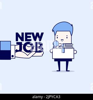 Businessman holding a box with hand offering a new job. Cartoon character thin line style vector. Stock Vector