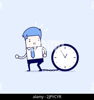 Businessman gets chained with big clock in time concept. Cartoon character thin line style vector. Stock Vector