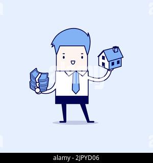Businessman holding house and money. Cartoon character thin line style vector. Stock Vector