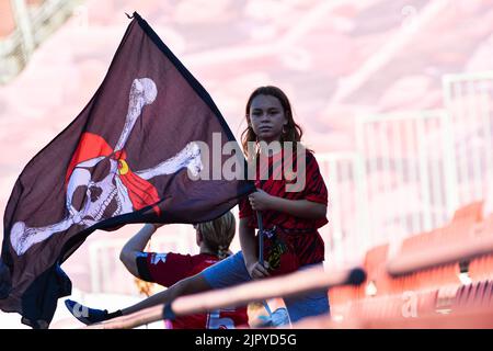 MALLORCA, SPAIN - AUGUST 20: Fangirl of RCD Mallorca before the match between RCD Mallorca and Real Betis of La Liga Santander on August 20, 2022 at Visit Mallorca Stadium Son Moix in Mallorca, Spain. (Photo by Samuel Carreño/PxImages) Stock Photo