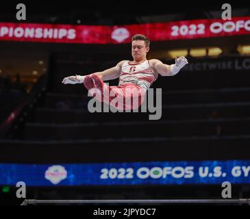 August 20, 2022: Brody Malone performs on the high bar during the 2022 U.S. Gymnastics Championships at Amalie Arena in Tampa, FL. Kyle Okita/CSM Stock Photo