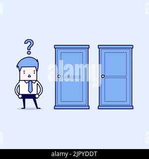 Businessman standing beside two doors, unable to make the right decision concept with question marks above his head. Stock Vector