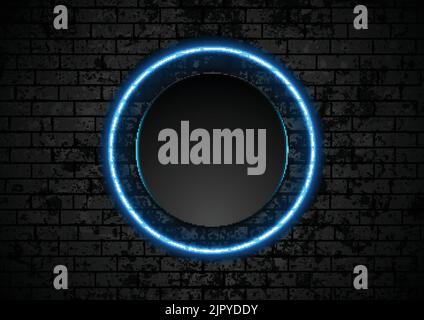 Blue neon circle on grunge brick wall background. Vector retro design Stock Vector