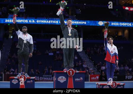 August 20, 2022: Brody Malone, Donnell Whittenburg, and Asher Hong, the top 3 All-Around finishers of the senior men's 2022 U.S. Gymnastics Championships, salute the crowd at Amalie Arena in Tampa, FL. Kyle Okita/CSM Stock Photo