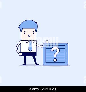 Businessman standing beside unknown box. Cartoon character thin line style vector. Stock Vector