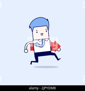 Businessman running and hold red arrow. Cartoon character thin line style vector. Stock Vector