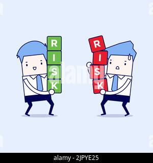 Two businessman carrying risk blocks. Risk management. Cartoon character thin line style vector. Stock Vector