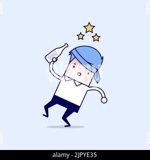 Drunk businessman with alcohol bottle. Cartoon character thin line style vector. Stock Vector