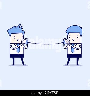 Businessmen talking on can phone. Cartoon character thin line style vector. Stock Vector
