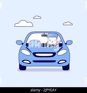 Businessman driving a car on the road. Cartoon character thin line style vector. Stock Vector