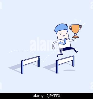 Businessman jumping and holding trophy. Cartoon character thin line style vector. Stock Vector