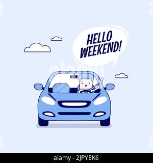 Businessman traveling by car and say Hello weekend. Cartoon character thin line style vector. Stock Vector