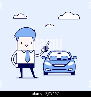 Businessman holding a key of a new car. Cartoon character thin line style vector. Stock Vector