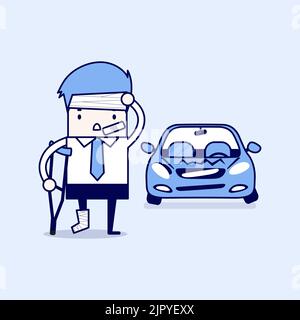 Businessman be injured with car accident. Cartoon character thin line style vector. Stock Vector