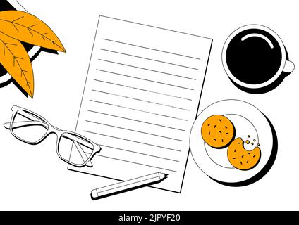 Workspace top view, copy space. White desk office with blank paper. Vector set of working tools. Stock Vector