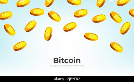Gold Bitcoins falling from the sky. Bitcoin cryptocurrency concept banner background. Stock Vector