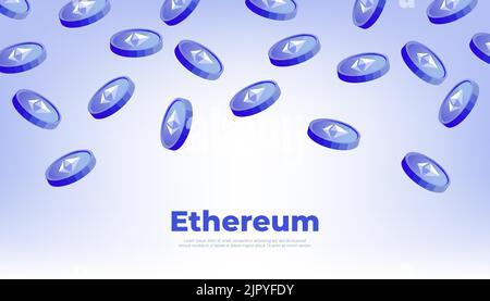 Ethereum coins falling from the sky. ETH cryptocurrency concept banner background. Stock Vector