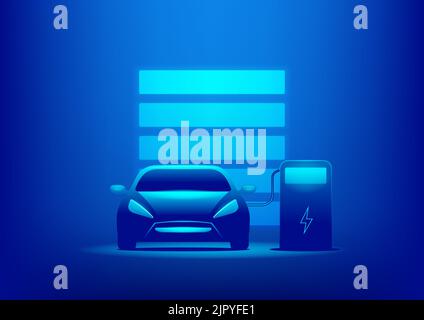 EV Car or Electric charging at the charger station with the power cable supply plugged in on blue background. Stock Vector