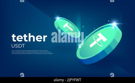 Tether or USDT crypto currency themed banner. Cryptocurrency Blockchain technology, digital FIAT or trade exchange concept. Stock Vector