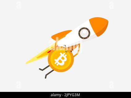 Bitcoin going to the moon by flying rocket. Cryptocurrency cartoon concept. Stock Vector