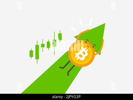 Bitcoin flying up on the sky with green arrow. Increase in price Bitcoin. Cryptocurrency cartoon concept. Stock Vector