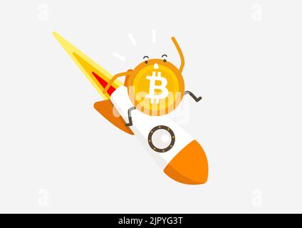 Bitcoin rocket falling down. Cryptocurrency cartoon concept. Stock Vector