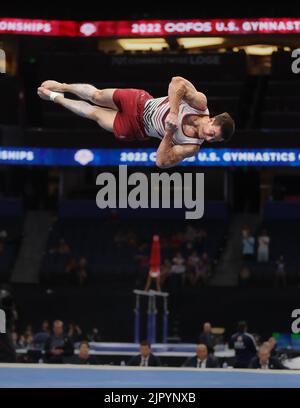 August 20, 2022: Brody Malone of Stanford twists in the air during his floor routine at the 2022 U.S. Gymnastics Championships at Amalie Arena in Tampa, FL. Kyle Okita/CSM Stock Photo