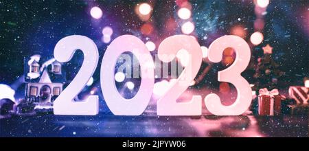 2023 New Year Celebration Blurred lights in the background. Stock Photo