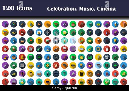 120 Icons Of Celebration, Music, Cinema. Flat Design With Long Shadow. Vector illustration. Stock Vector