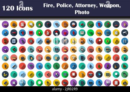 120 Icons Of Fire, Police, Attorney, Weapon, Photo. Flat Design With Long Shadow. Vector illustration. Stock Vector