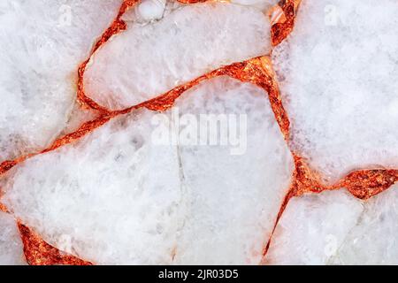 Agate Crystal White stone texture with a copper leaf as part of unique interior. Natural gemstone stone surfaces on slab. Matt pattern for ceramic Stock Photo
