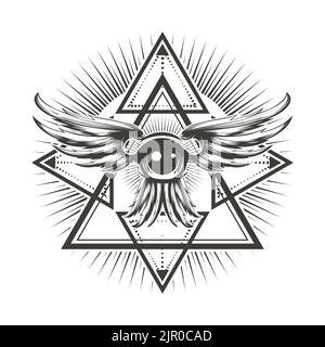 All Seeing Eye with Wings Sacred Geometry. Esoteric Vector Illustration isolated on white Stock Vector