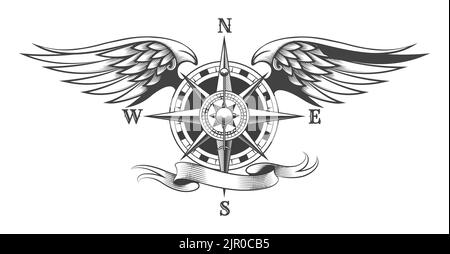 Tattoo of Compass with Wings and Banner. Vector illustration in Engraving Style isolated on White Background Stock Vector