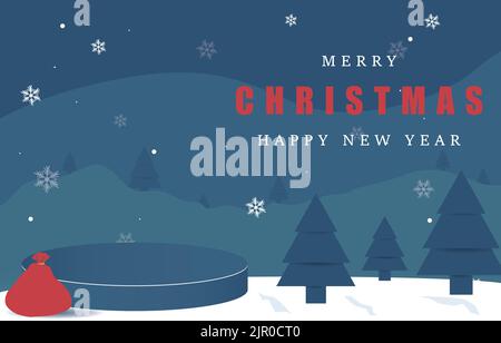 Merry Christmas banner with product podium in snowy night with firs, coniferous forest, falling snow, Woodland landscape for winter and new year holid Stock Vector